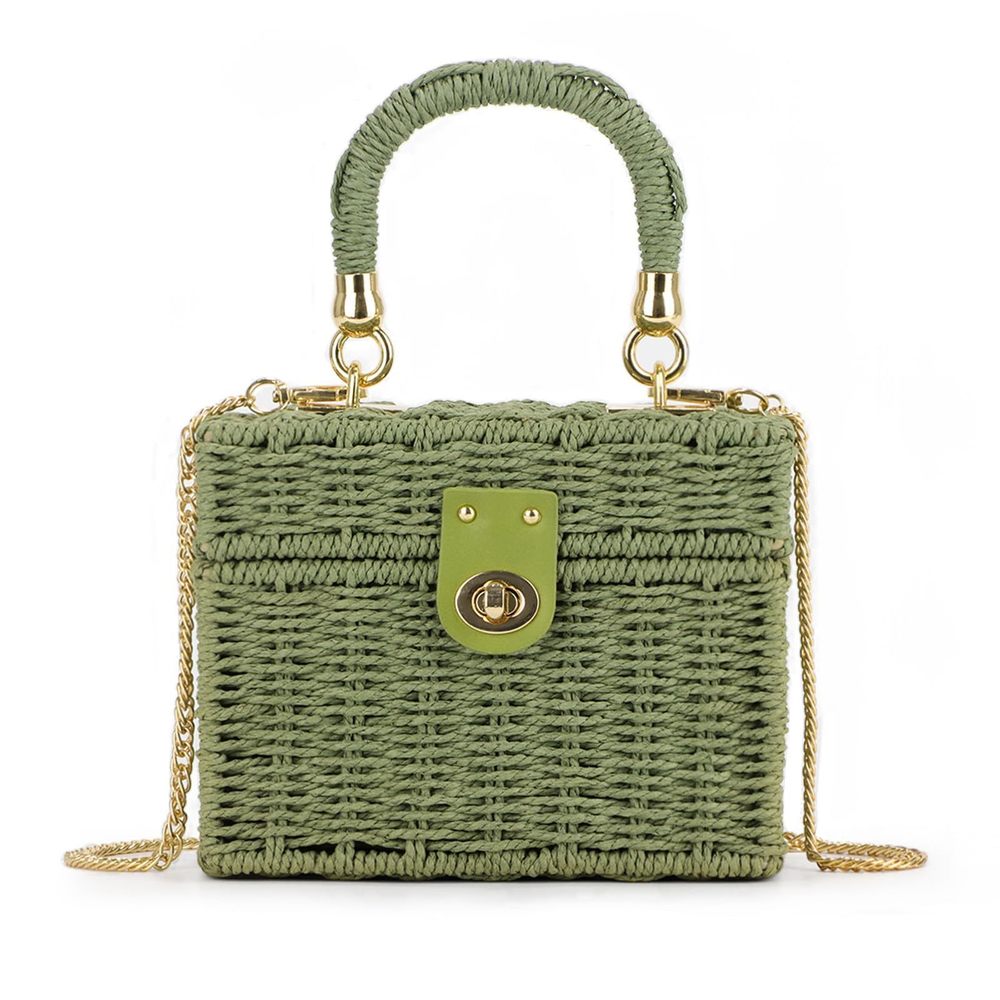 Handwoven Rattan Handbag Beach Straw Tote Bag Square Boho Crossbody T_T